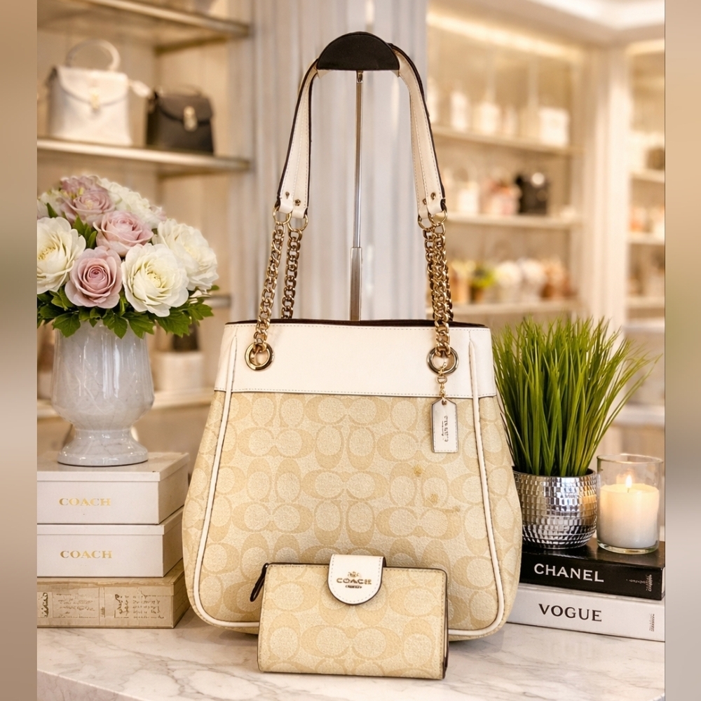 Coach Cammie Chain Bucket Signatureβ Khaki Chalk Shoulder Bag Wallet Set Purse